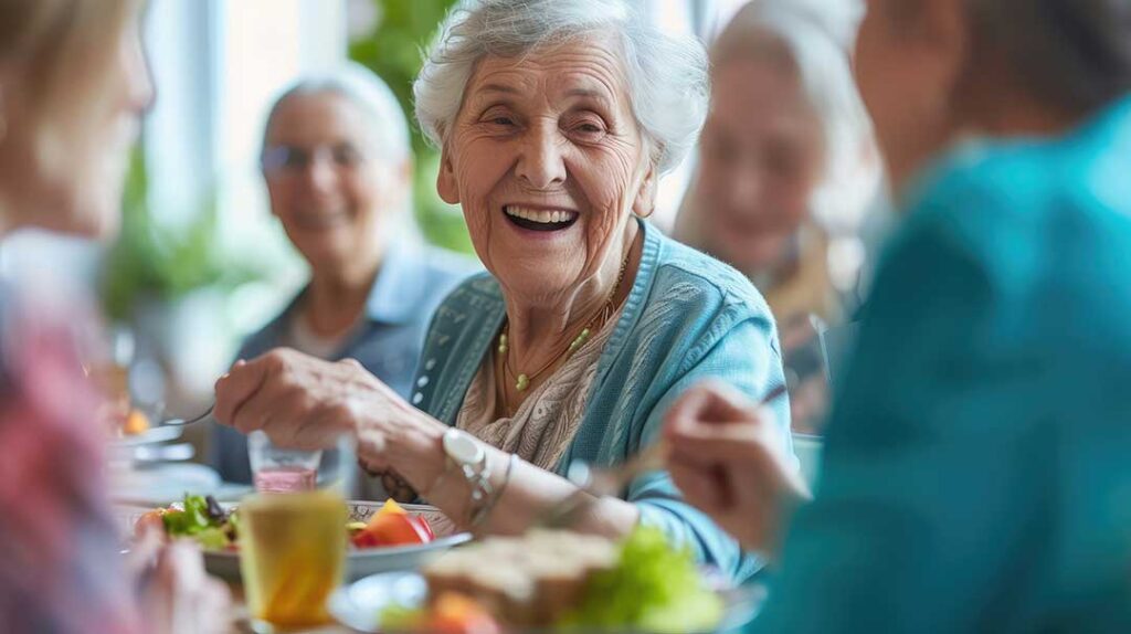 Older adult and family members review assisted living information at a table in a bright community room.